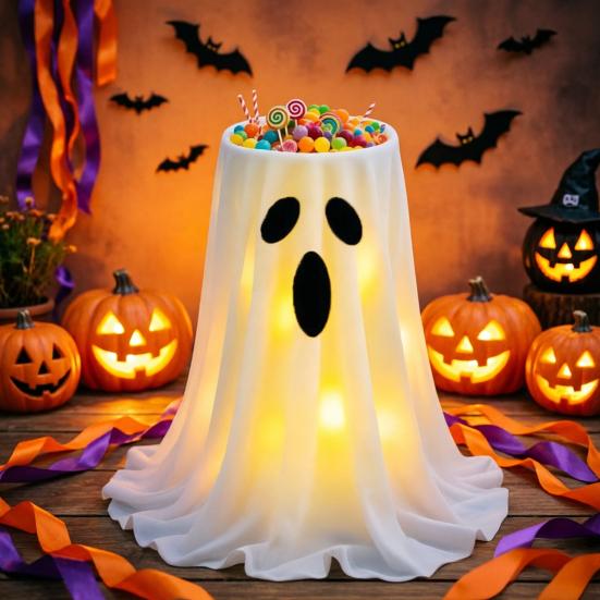Decoração de Halloween Yousheng com Luz LED de 8 Modos com Controle Remoto, Tigela de Doces Fantasma com Suporte de Tripé, Porta-Doces Fantasma Fofo para a Frente