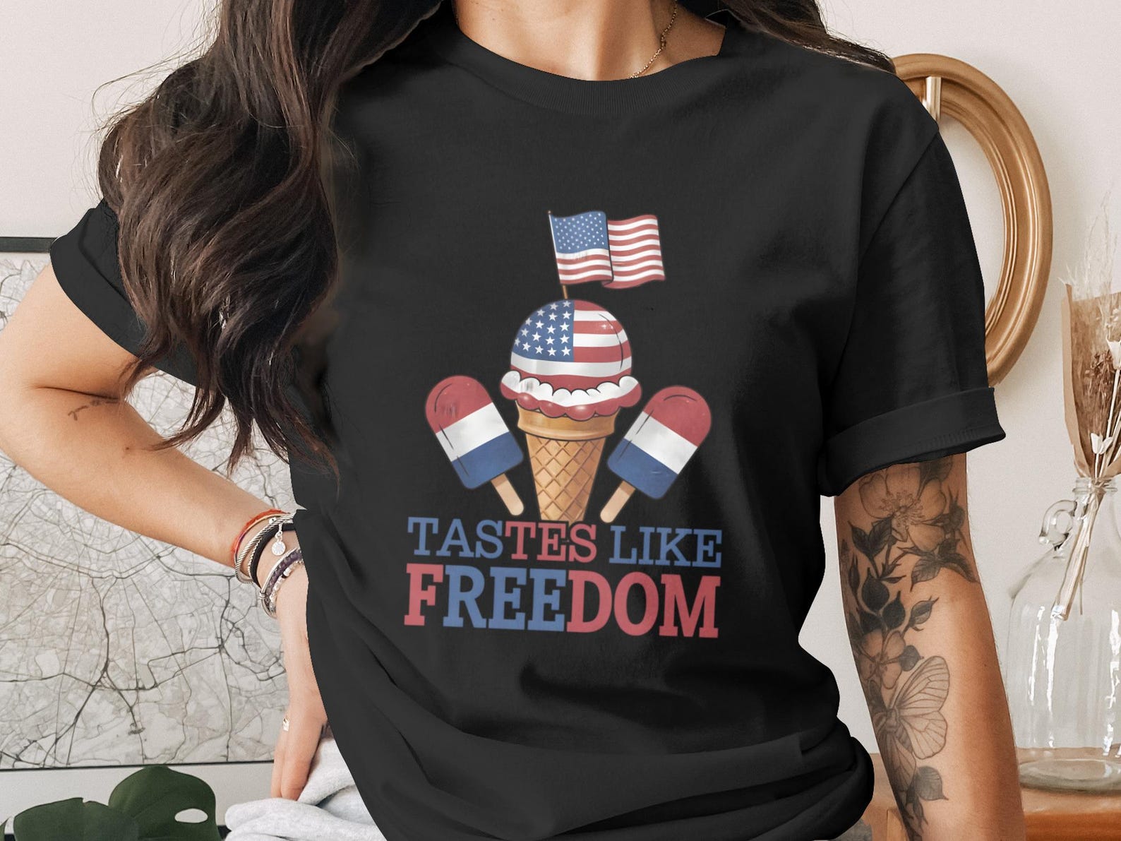 Patriotic T-Shirt, Tastes Like Freedom Ice Cream 4th of July Tee, American Flag Summer Shirt, USA Pride Gift XL