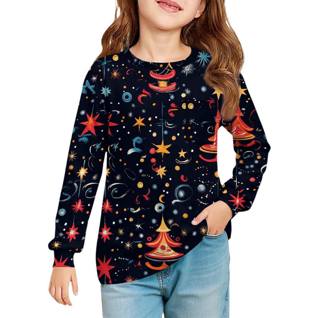 Christmas Day Girls' Long Sleeve Blouse - Round Neck Soft Waist Tunic