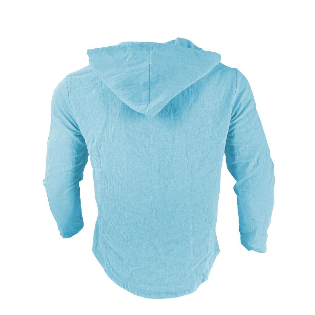 Spring and Summer Men's Hooded T-shirt Solid Color Cotton Linen Men's Casual Long Sleeved Top