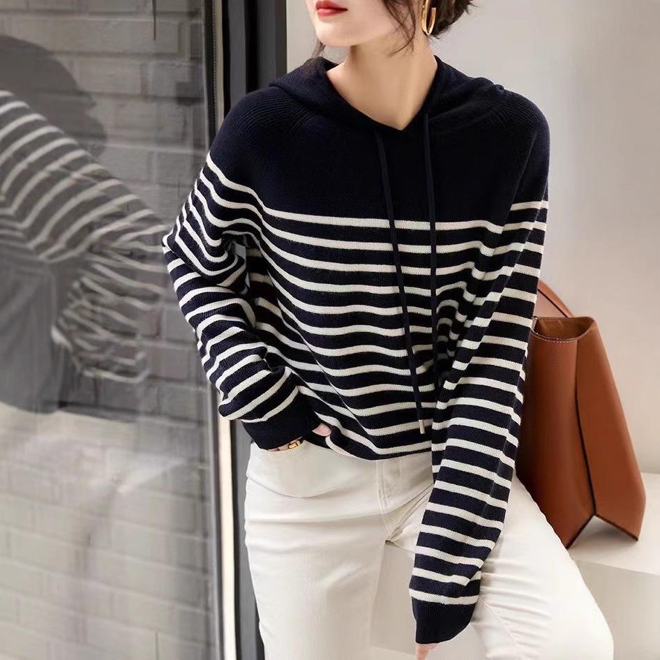 

Женский полосатый шерстяной вязаный свитер с капюшоном - Пуловер свободного кроя от Brother Block Extra Large