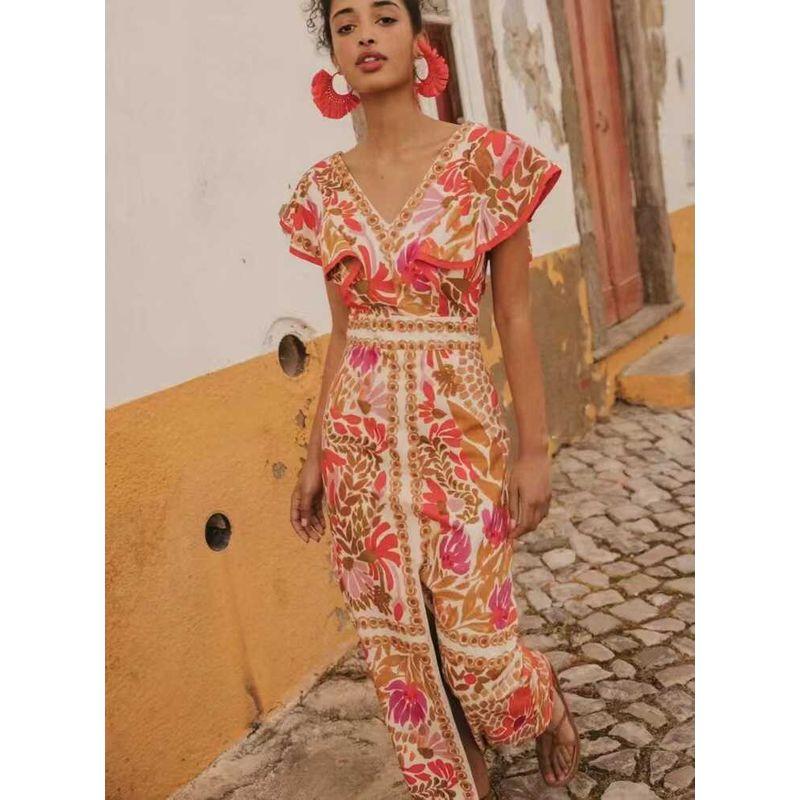 

European and American V-neck Frill Slit Positioning Flower Backless Dress V-Neck Ruffle Printed Dress Orange S