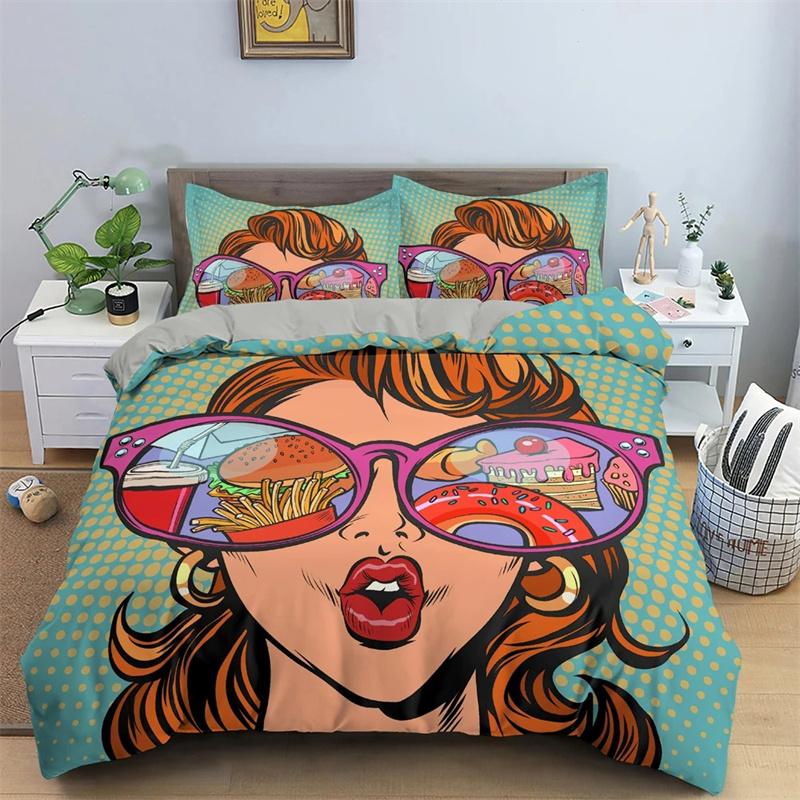 Cartoon Girls Duvet Cover Cute Lipstick Fashion Theme for Women Gifts for Bedroom Decorations with Pillowcase Queen King Size