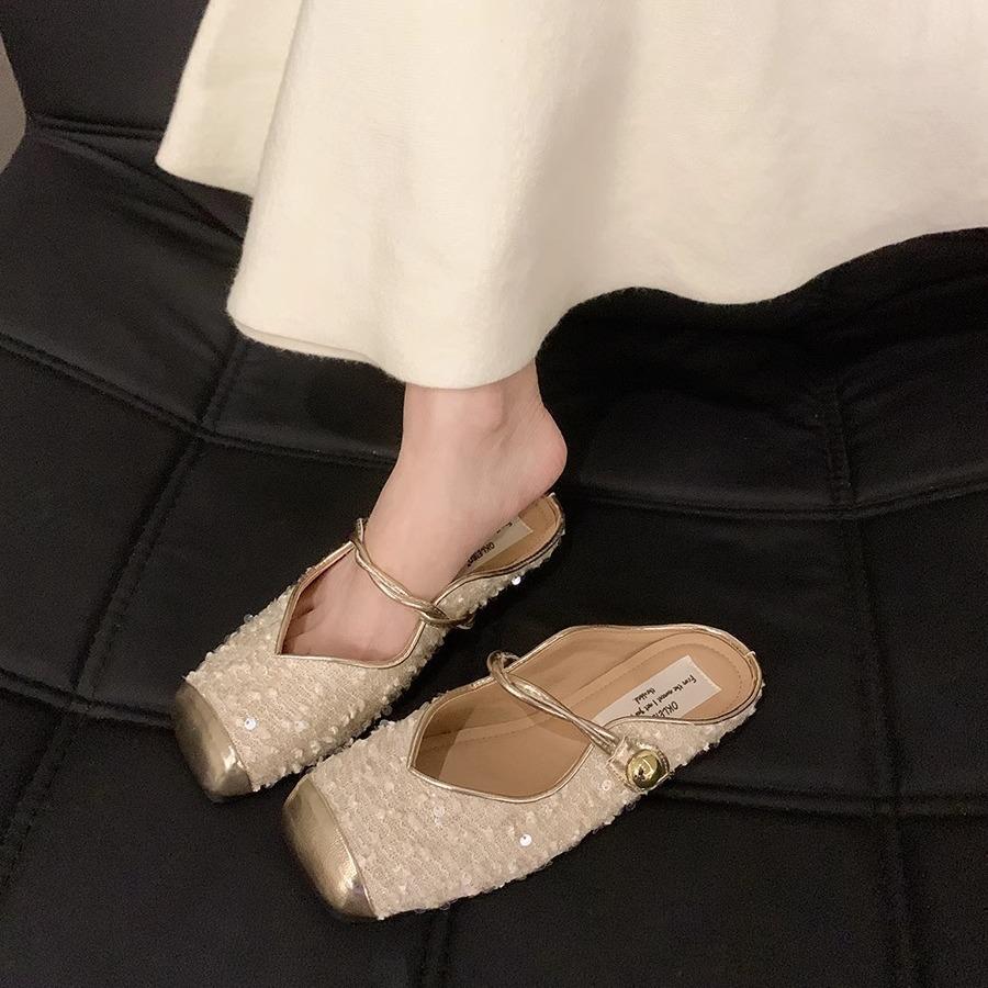 Women's Bag Head Half Slippers, Women's Summer Wear Black Sequins, Fairy Evening Shoes, Flat-soled Small Fragrant French Sandals