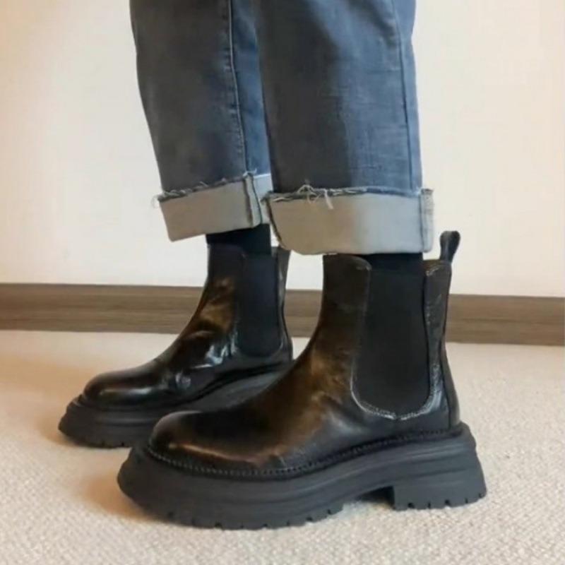 Spring and Autumn Single Boots Retro Round Head Platform Martin Boots Women's Thick Heel Short Boots Chelsea Boots Smoke Boots