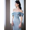 Blue evening dress dress light luxury niche style host female banquet fishtail dress French one-word shoulder