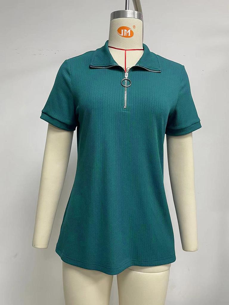 Women's Short Sleeve Tops and Blouses Zipper Collar V Neck Business Casual Tops Loose Fit Tunic Shirt Polo Shirts