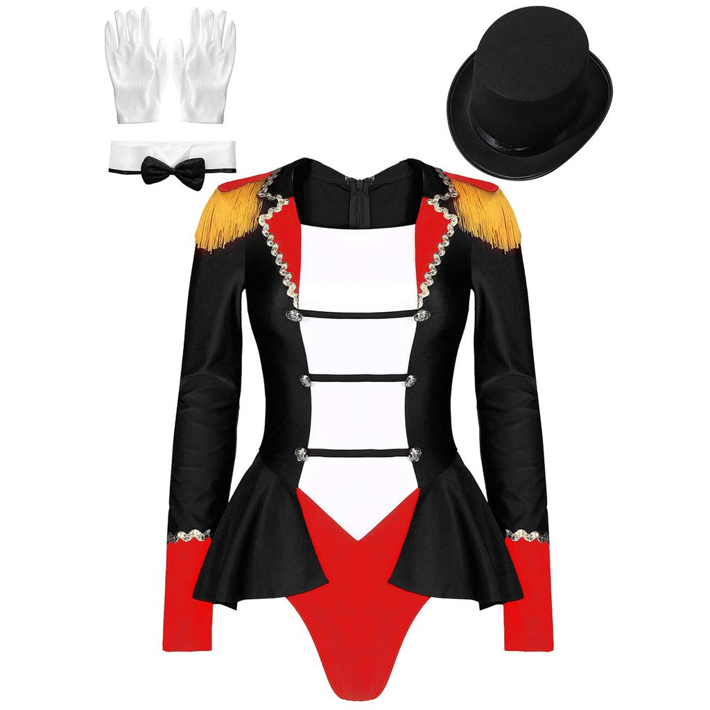 Womens Ringmaster Costume Long Sleeve Lapel Design Fringed Shoulder Back Zipper Bodysuit Hat Bow Collar Gloves Set