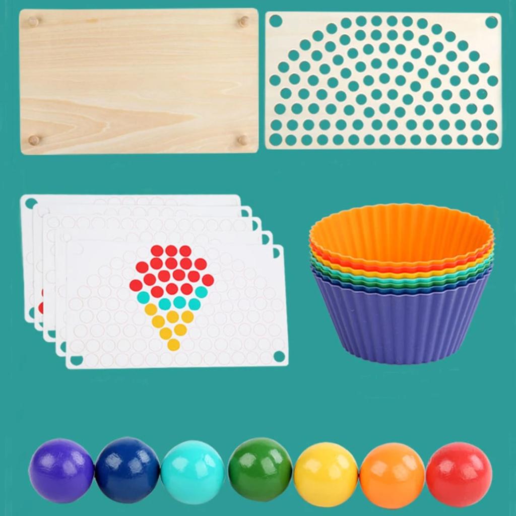 Rainbow Wooden Clip Go Game Set Dot Bead Board Game Toy Rainbow Clip Bead Hand-Eye Coordination Montessori Educational Toys