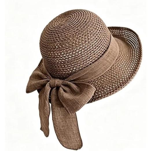 Women's Wide Brim Straw Sun Hat with Bow, Foldable Summer Wide Brim Packable Sun Hat Womens Travel Straw Fedora Hat(Coffee)