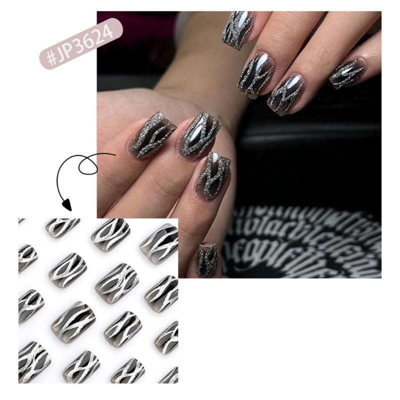 24 Pcs Flame Artificial Nail Black Gradient Press On Nail Square Stick On Nail Glittering False Nail for Woman