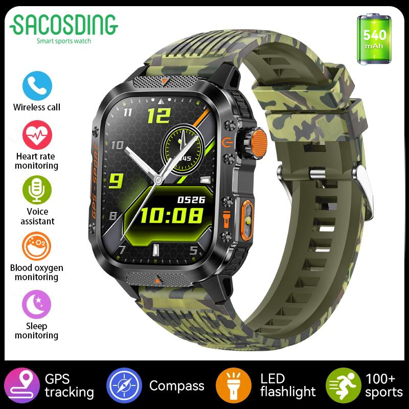 SACOSDING GPS Outdoor Sports Compass BlueTooth Call Smart Watch Waterproof Flashlight Heart Rate Health Smartwatch Information Reminder