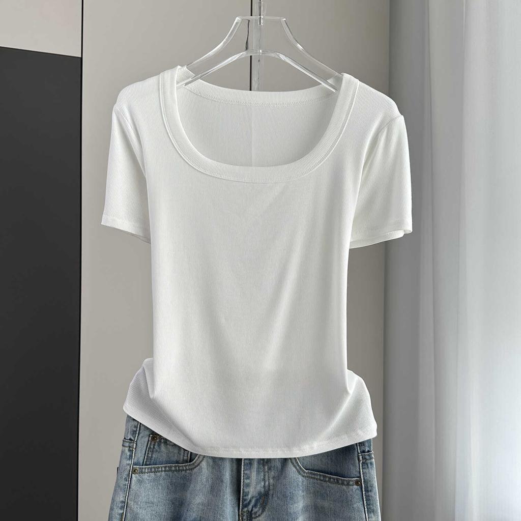 Klassisches geripptes quadratisches Hals-Kurzarm-T-Shirt Locker Schlank Sommer Basis-Oberteil Dehnbar Schlanke Basisschicht Weicher Rippstoff Gut für Innen- und Außenbekleidung Oberteil
