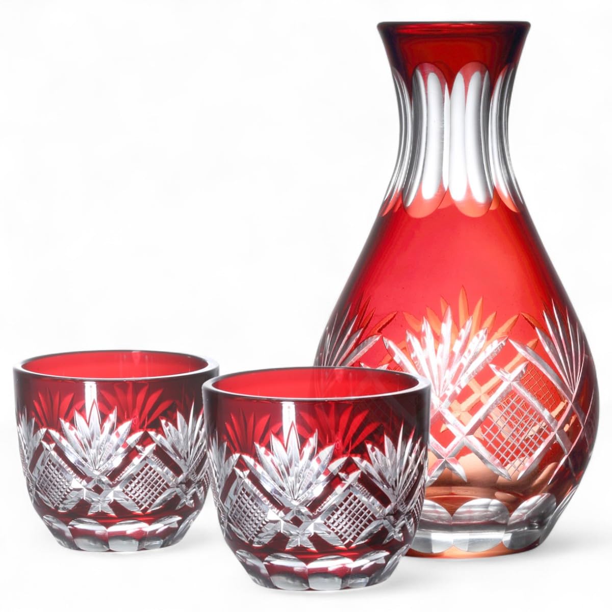 

Mizukage Kiriko Glass Cups for Sake of 1 Sake Bottle and 2 Sake Flower and Arrow Current Model J-kitchens (Set Cups) - Design, Red,
