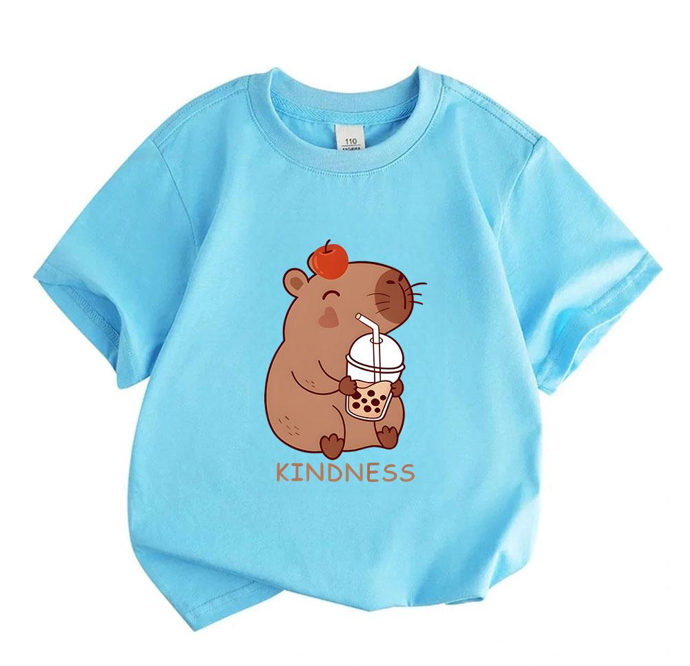 Kids Boys Girls 100% Cotton Crew Neck Short Sleeve T-Shirt, Cute Capybara With Boba Tea Red Apple Kindness Print Casual Soft Tee For Daily Wear