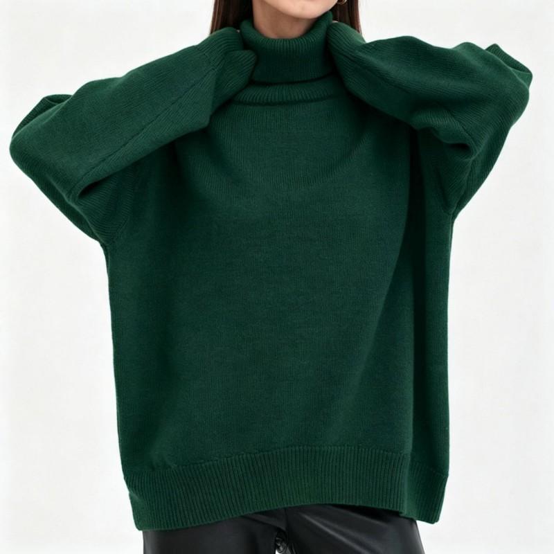 Womens Solid Color High Neck Knit Sweater Loose Fit Winter 2026 Casual Streetwear Long Sleeve Pullover