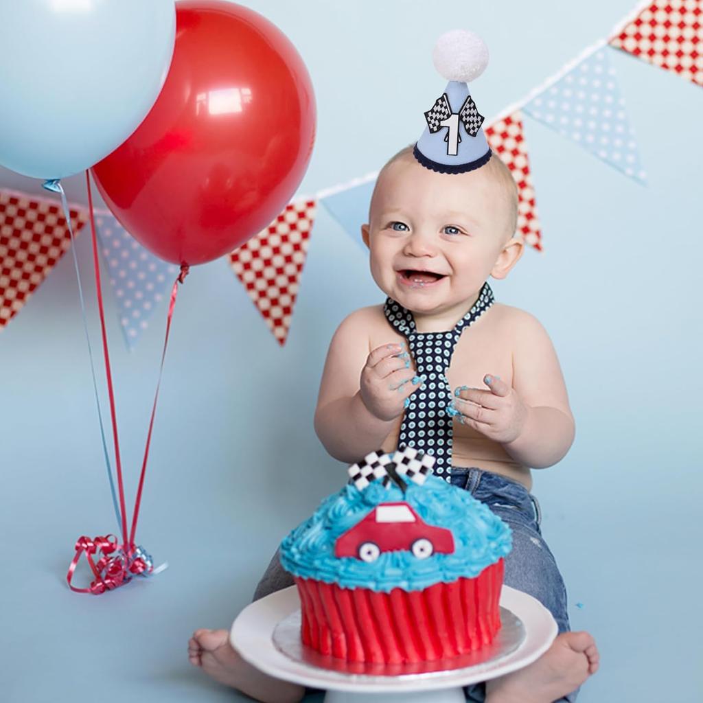 Fast One 1st Birthday Hat for Boys - Blue Race Car Themed Crown and Decorations for First Birthday Celebration