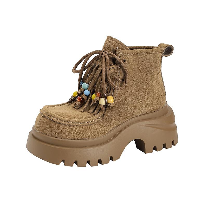 9691-6 Casual 2025 Thick-soled Height-increasing Lace-up Beaded Snow Versatile Martin Boots Muffin Heel Women's Shoes
