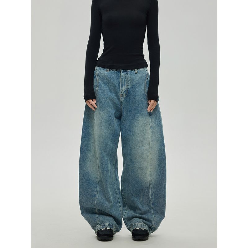 Black of Exit American High Street Style Split-Line Design Jeans Cleanfit Washed Blue Long Pants