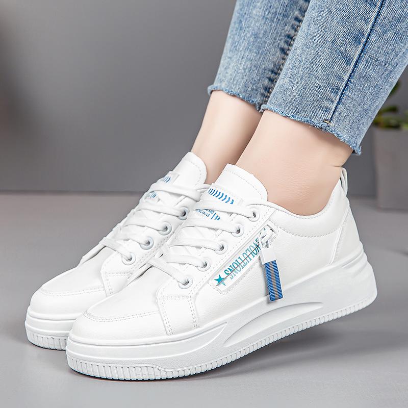 Women's Spring 2025 White Leather Panel Thick-Soled Casual Sport Shoes.