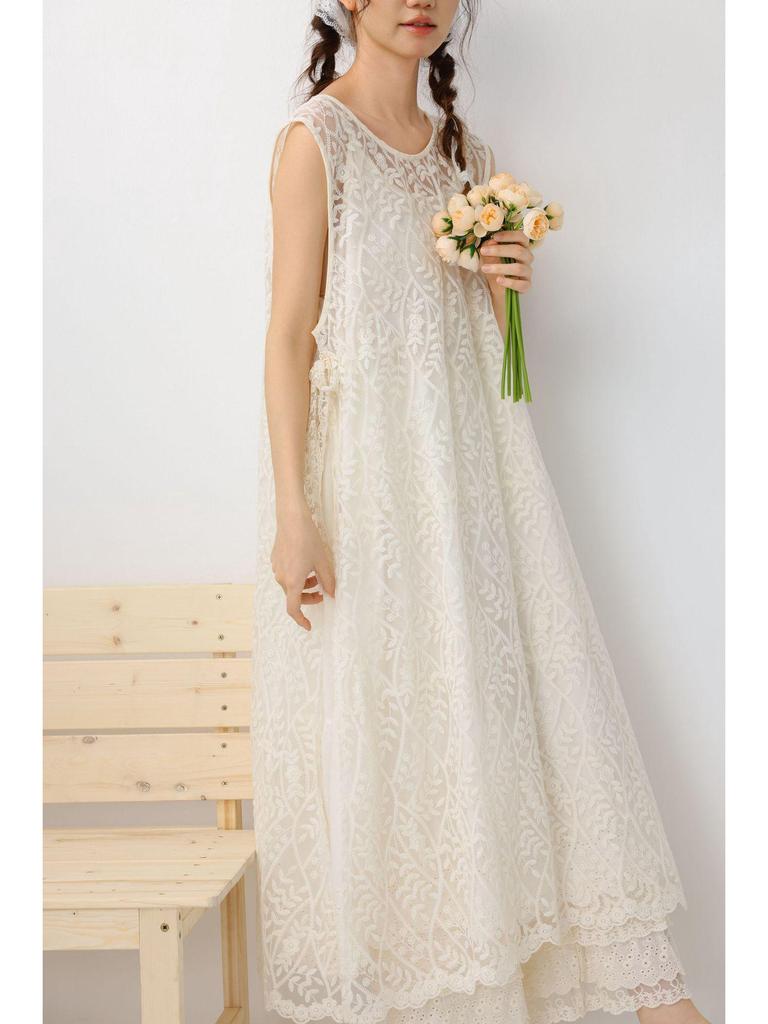 Sweet Mori Girl Embroidered Layered Vest Dress