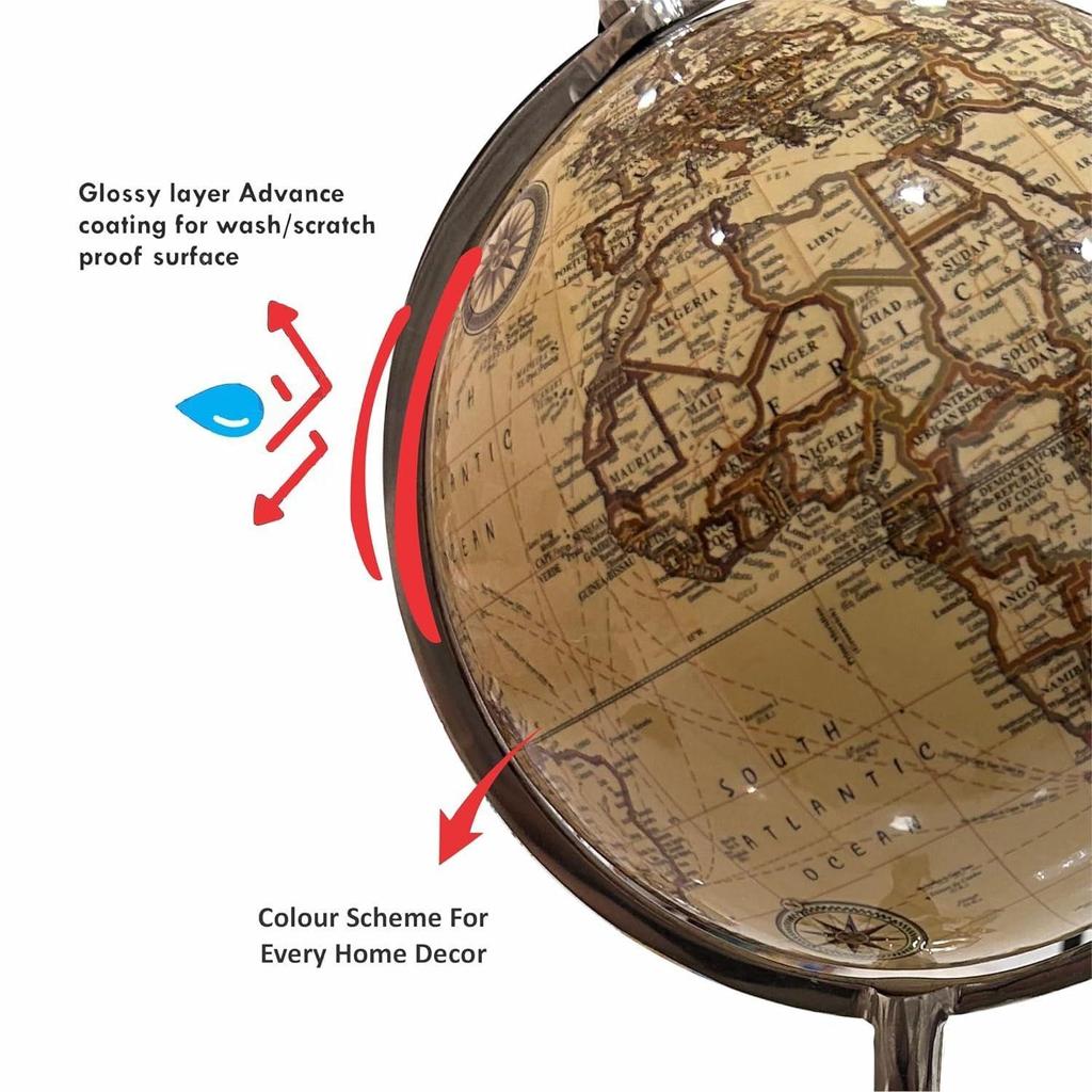 Tripod Antique World Globe 8 Inch with Metal Stand for Home Decor & Office Table, Showpiece, Table Top for Gifting and Learning - Yellow Color