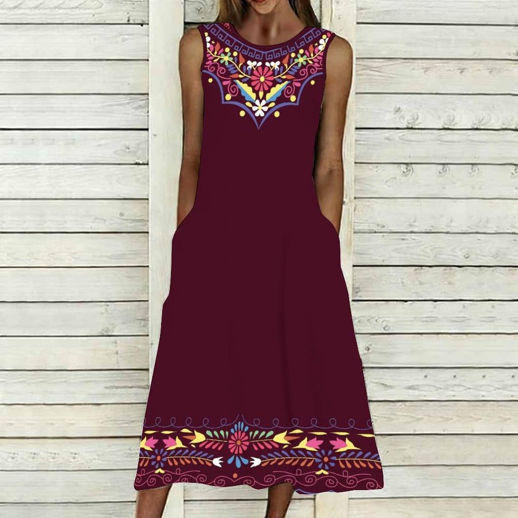 Oversized Ladies Sleeveless Round Neck Dress Soft Mixed Floral Printed Flowy Midi Gown