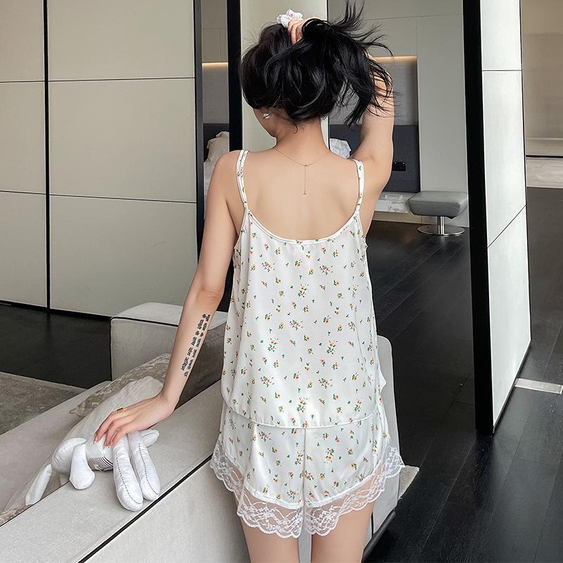 New Summer Ice and Snow Silk Pajamas Female Cute Princess Style Suspender Shorts Thin Small Floral Sweet Two-piece Set