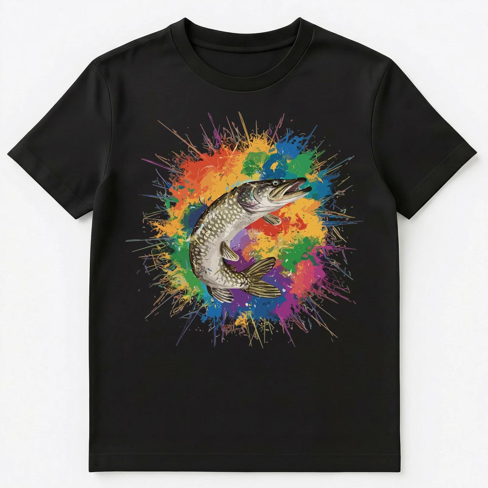 Colorful Paint Splash Pike Art Graphic Unisex T-Shirt 3XL