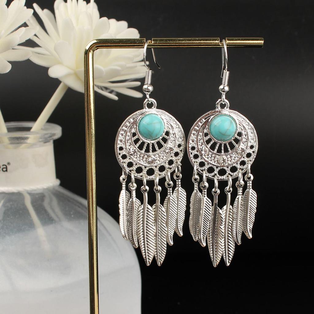 Turquoise Earrings Bohemian Drop Ear Earrings with Tassels, Geometric Alloy, Retro Style, Boastful Ear Accessories
