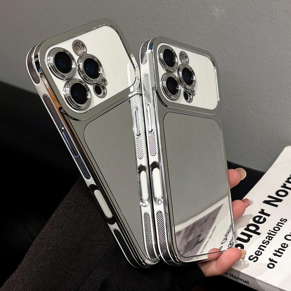 Brief Silver Touch-up Mirror Shockproof Case for iPhone 17 16 15 14 13 Pro Max Electroplated Hard Back Cover