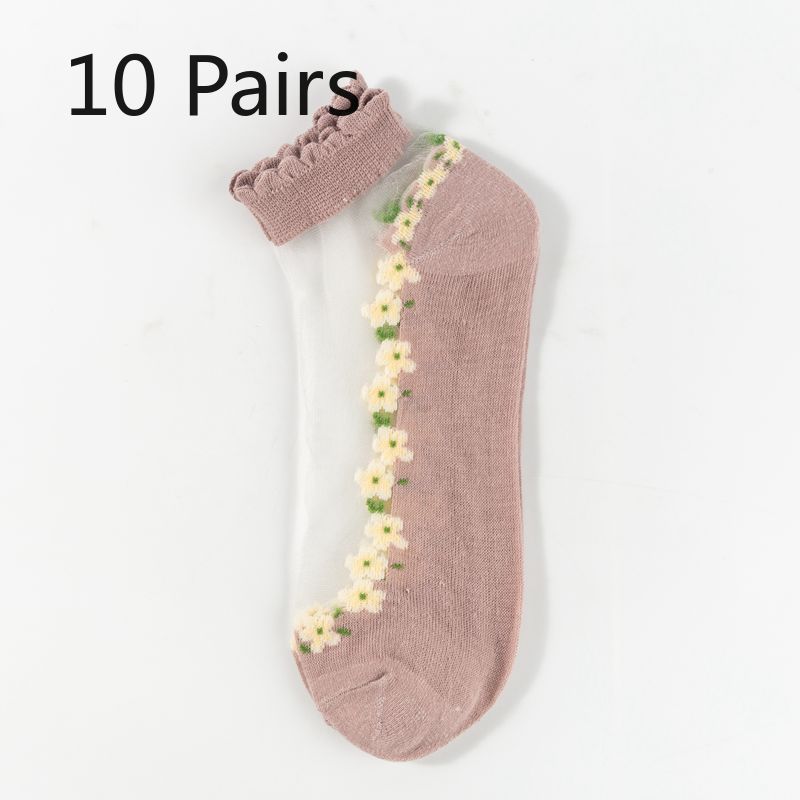 10 Pairs of Women's Thin Silk Stockings for Spring and Summer, Glass Lace Crystal Boat Socks, Cotton Socks, Breathable and Sweat-absorbent