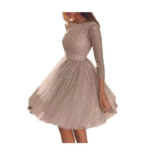 Glitter Starry Tulle Prom Dress For Women Long Sleeve Crew Neck Formal