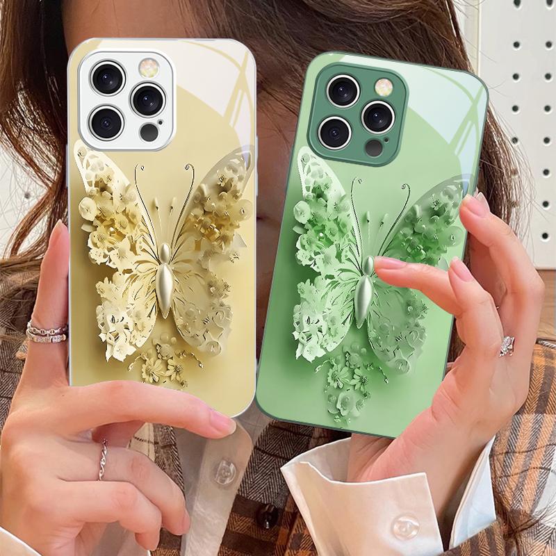 Farfalla Fiore Verde Per iPhone 16 E 15 14 13 Plus 12 mini 11 Pro Max XR Xs Max X 7 8 6 6S 2022 Custodia in Vetro Temperato per Telefono