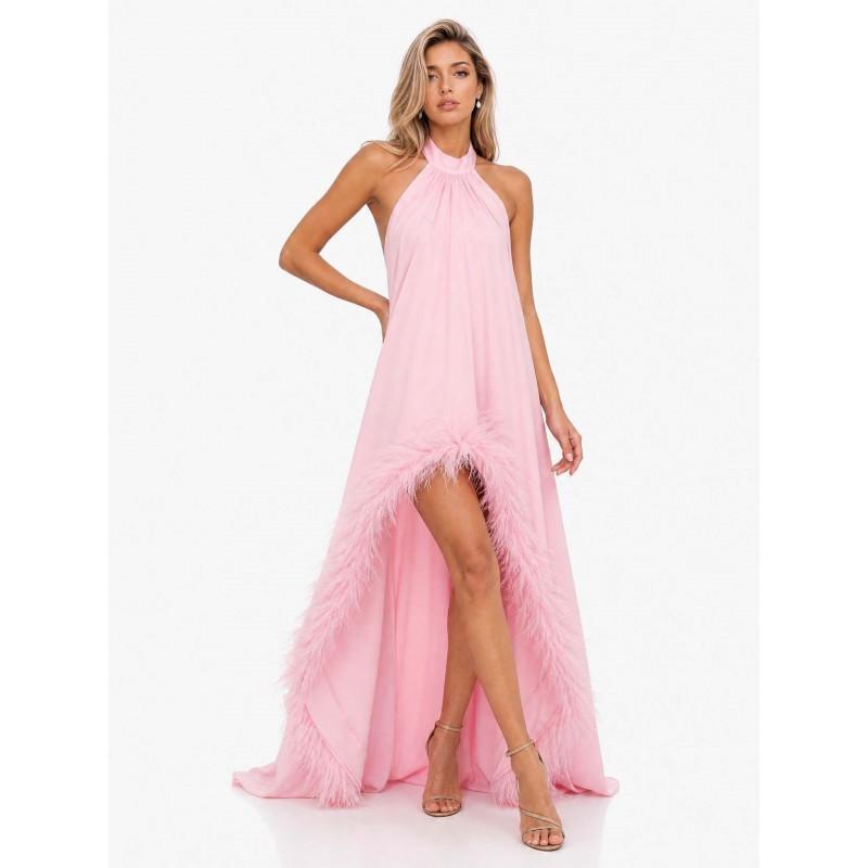 Elegant Off-Shoulder Feather Train Evening Gown Women Long Backless Formal Dress In Acetate Satin