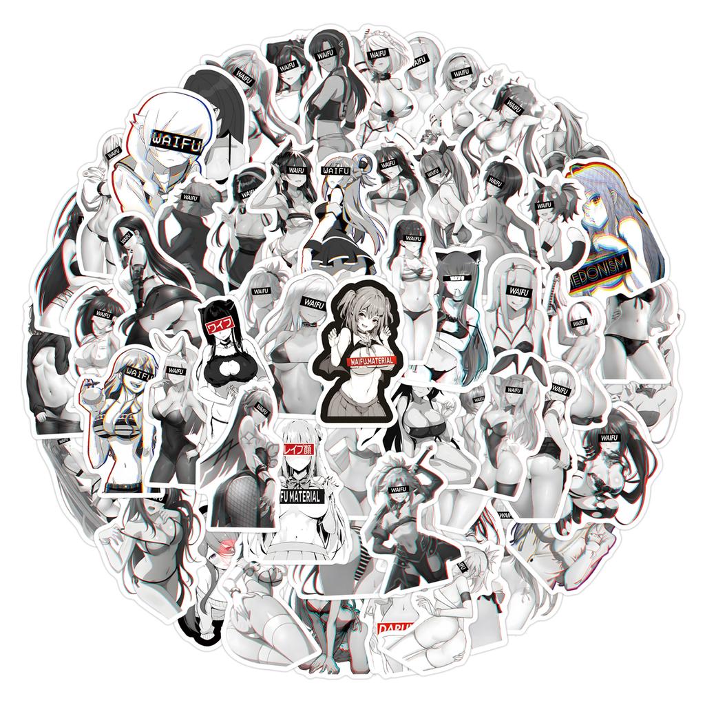 55pcs Cartoon Black White Anime Sexy Girl Stickers DIY Scrapbooking Handbook Phone Water Cup Waterproof Stickers Decals