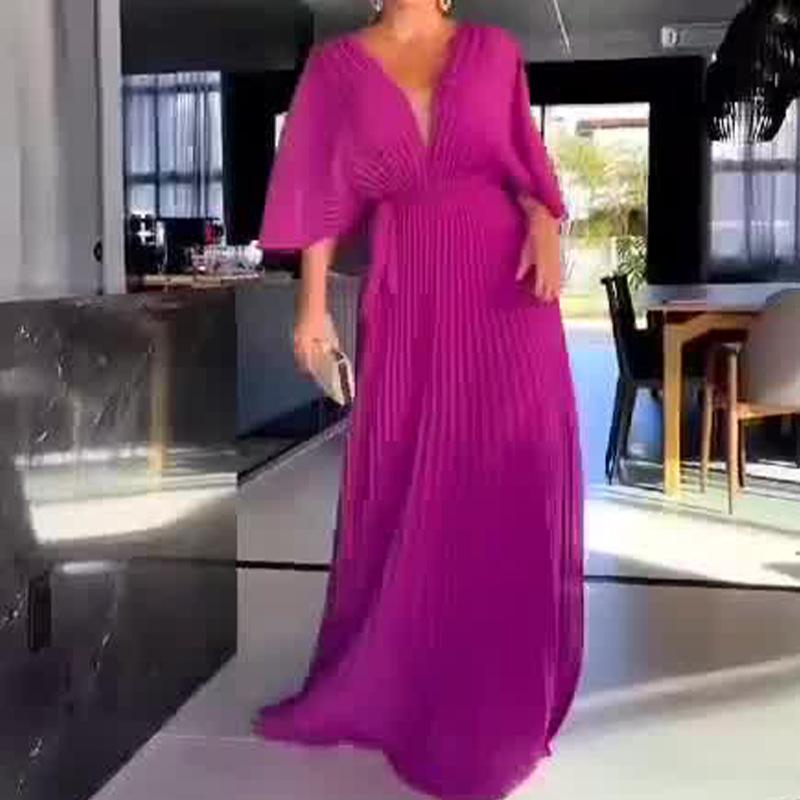 Women's Solid V Neck Batwing Half Sleeve Pleated Maxi Dress High Waist Formal Evening Gown XS-3XL