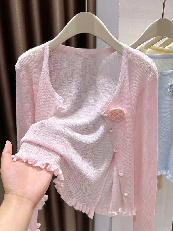 Korean Style Blue Ice Silk Knitted Sunscreen Cardigan & Floral Ruffle Shawl for Summer Women - Sleeveless Outerwear Cover-up Dress