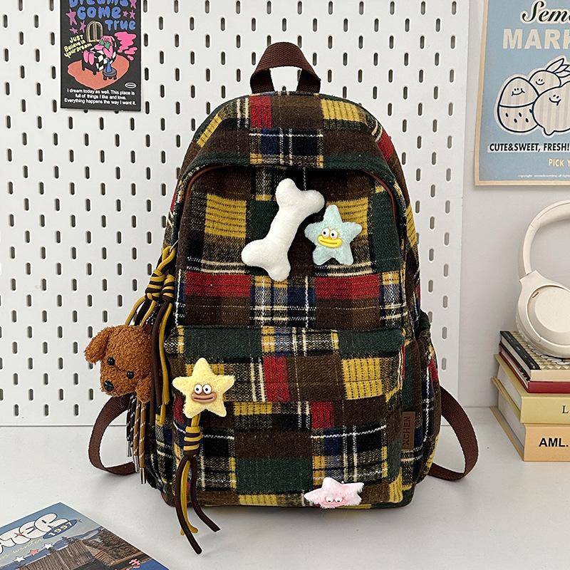 Schoolbag Retro Plaid Backpack Women's Large Capacity Leisure Travel Fashion Bag Versatile Backpack High Value Student School Bag