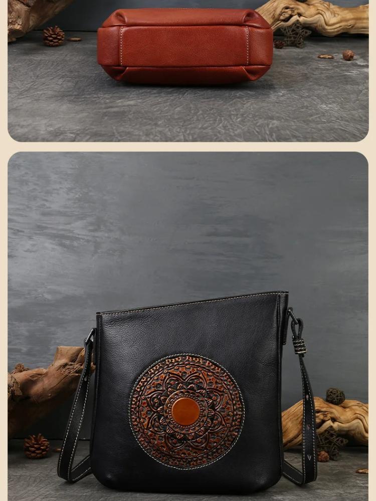 Johnature Retro Totem Reliéfní Pravá Kůže Dámská Taška Přes Rameno Hovězí Kůže Všestranná Malá Čtvercová Taška