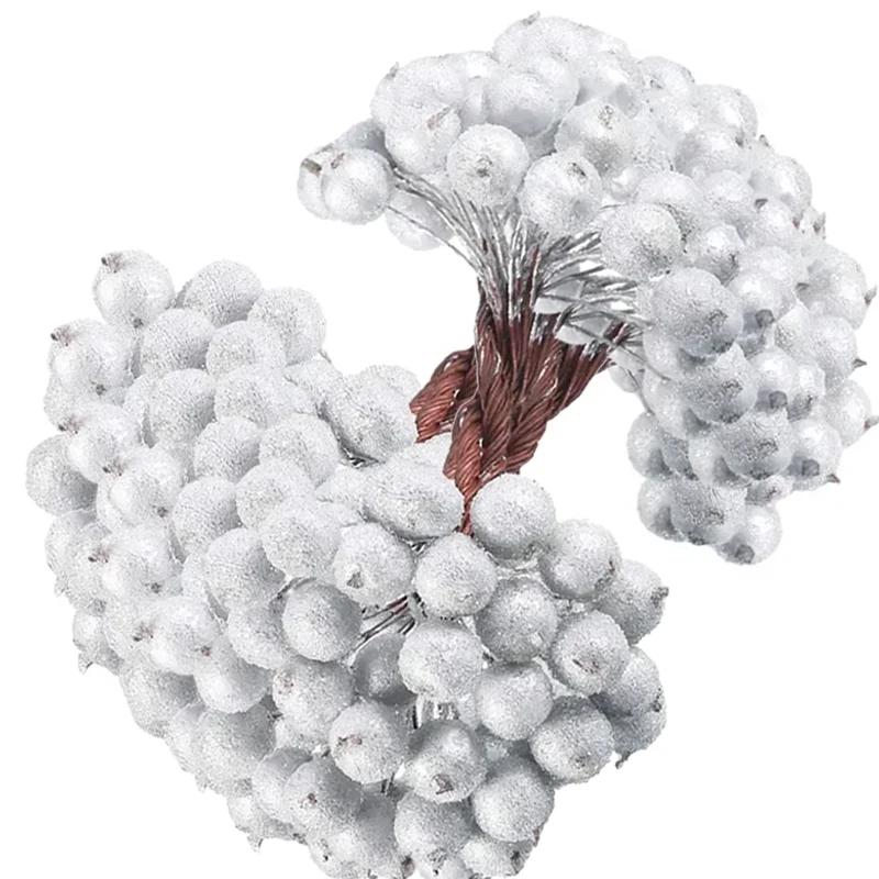 Mini Artificial Frosted Berry Stamen Christmas Double Head Holly Berries Fake Flowers Bouquets DIY Wreath Xmas Party Decoration