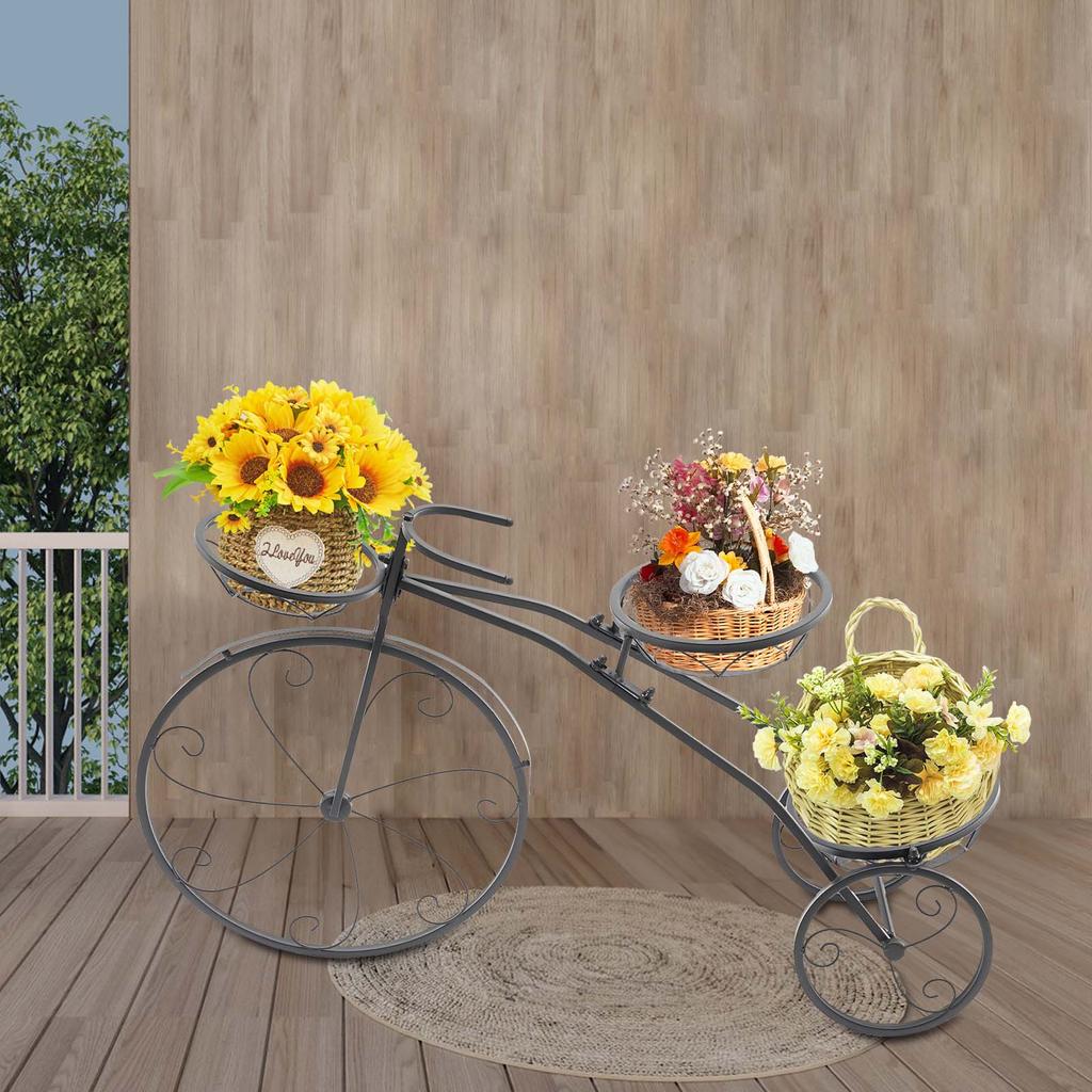 Modern 3-Tier Flower Stand, Black Plant Corner Shelf with 3 Hanging Baskets, Freestanding Plant Holder for Indoor Outdoor Decor