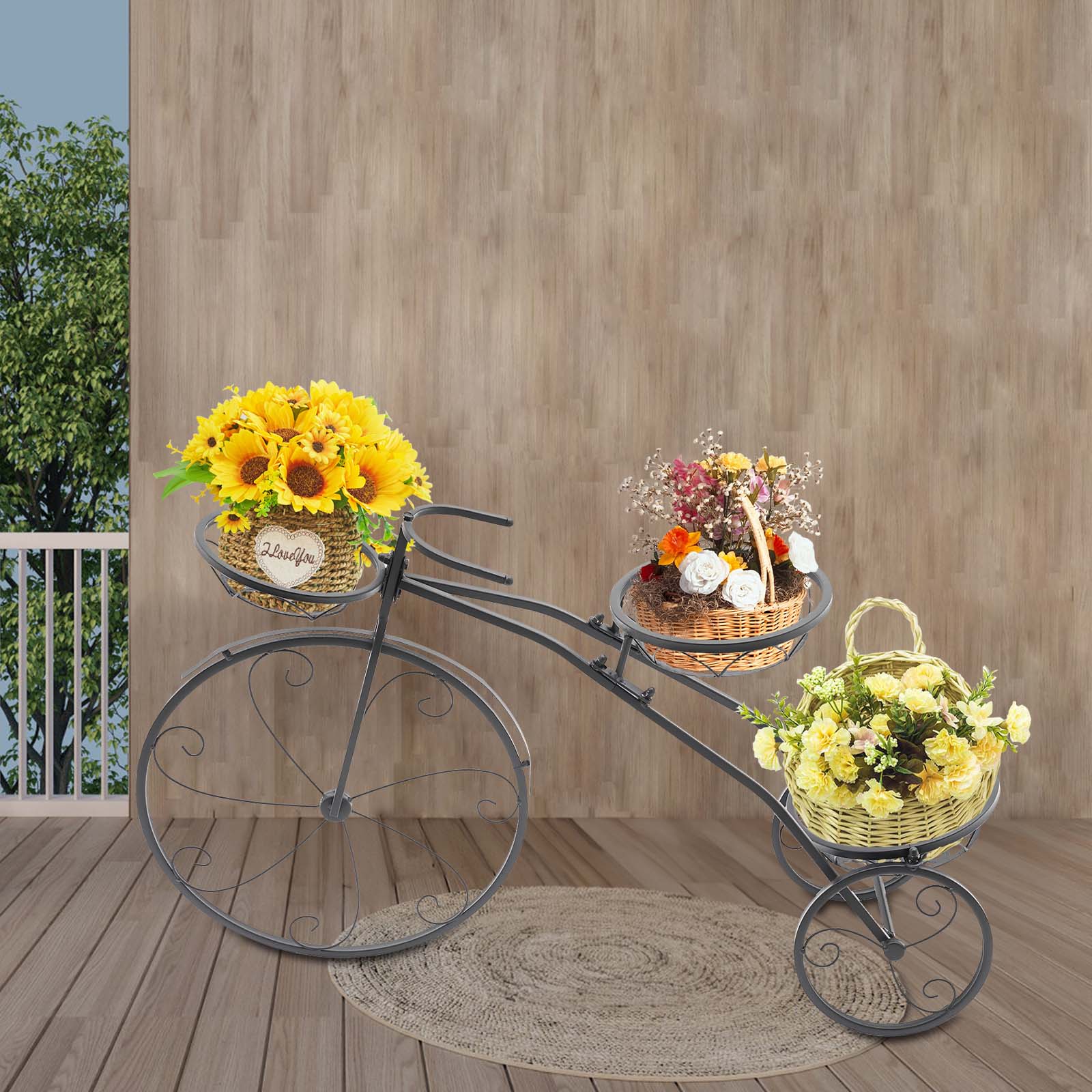 Modern 3-Tier Flower Stand, Black Plant Corner Shelf with 3 Hanging Baskets, Freestanding Plant Holder for Indoor Outdoor Decor nero