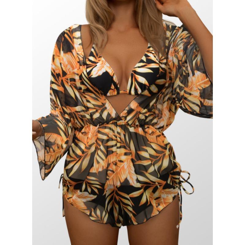 Women Sexy European Style Mesh Printed Three Piece Split Bikini Swimsuit