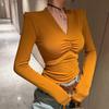 Pleated V-Neck Eucalyptus Women's Base Layer Shirt - Autumn/Winter 2026, Pure Desire Style, Long-Sleeved, Slim-Fit Top