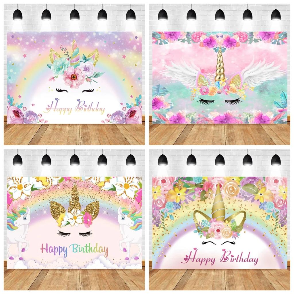 Rainbow Unicorn Birthday Backdrop for Girls Newborn Baby Shower Decor Photography Banner for Photo Studio ShootsTapestry