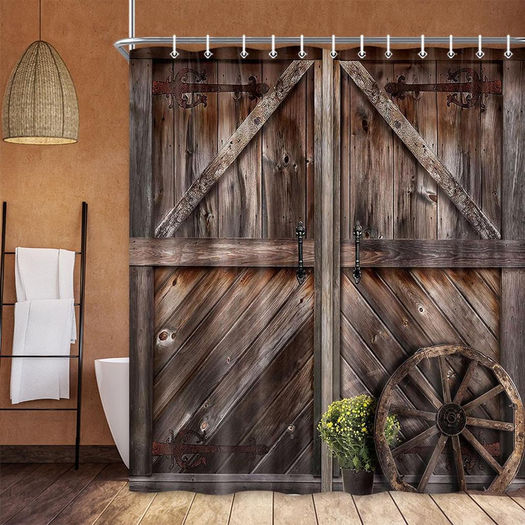 Country Barn Door Shower Curtain Farm Vintage Pattern Theme for Bathroom Bathtub Decoration Accessories Shower Curtain with Hook