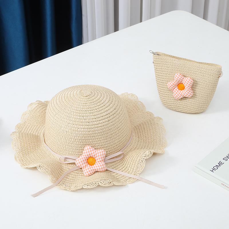 New 2 Pcs Summertime Children Straw Hat and Shoulder Bag Girls Outdoor Flowers Beach Cap Cute Travel Beach Sun Hat Crossbody Bag