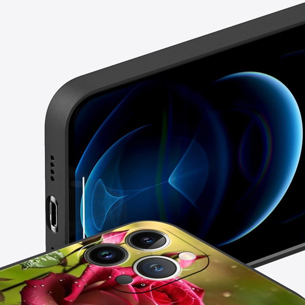 Luxury Phone Case For Apple iPhone 11 15 14 Pro MAX 12 13 7 8 Plus X XR XS MAX SE Black Cover Funda Beautiful Red Rose Flowers