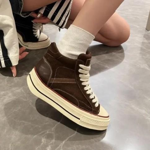5 Cm Thick-Soled Cowhide Shoes Women'S Autumn Trend Casual Shoes Versatile Round Muffin Board Shoes Cookie Shoes